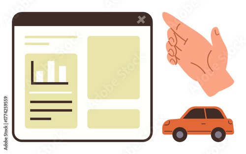 Data dashboard with bar chart, text blocks, hand pointing right, and orange compact car. Ideal for transport, analytics, navigation, communication decision-making automotive and education. Simple