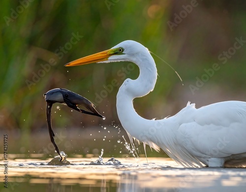 A white heron catches and holds a black fish in shallow water