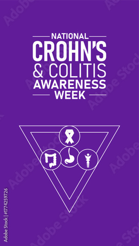 Crohns and Colitis Awareness Week Poster Banner and Background Abstract Design Template with Purple Ribbon and Intestine Illustration for Digestive Health Awareness Education for mobile responsive
