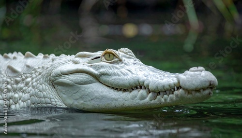 A white reptile swims in murky water, its eye fixed