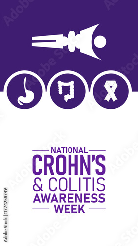 Crohns and Colitis Awareness Week Poster Banner and Background Abstract Design Template with Purple Ribbon and Intestine Illustration for Digestive Health Awareness Education for mobile responsive
