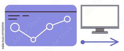 Line chart with data points in browser window, monitor, and arrow indicating process flow. Ideal for analytics, business growth, strategy, technology, workflow, education simple flat metaphor