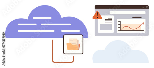 File transferring from cloud storage to folder with error warning. Graph and dashboard analytics. Ideal for cloud computing, data management, file sharing, error monitoring, cybersecurity, analytics