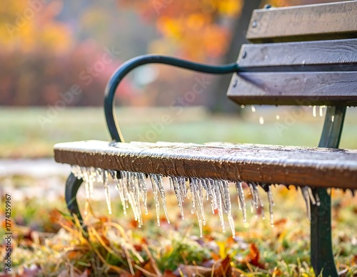 A wooden bench with icicles, against a colorful, blurred autumn background
