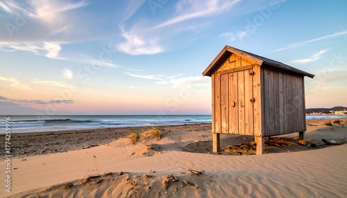 A wooden shack sits on a sandy beach as waves gently roll ashore