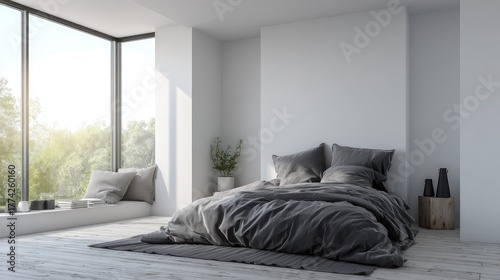 Modern Nordic minimalist bedroom design with white walls, gray bed linen, and bright natural light from a large window