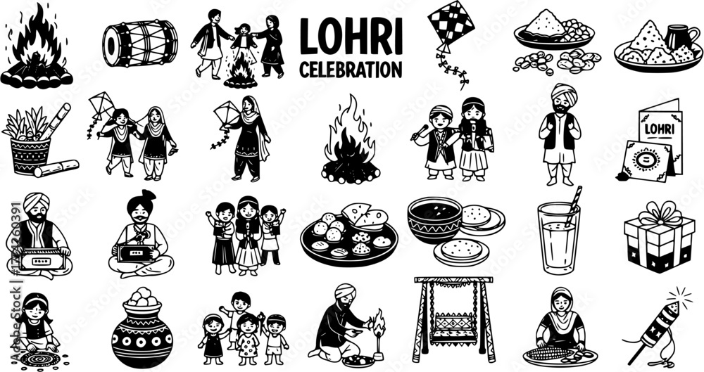 Obraz premium Lohri Festival Celebration Elements Set. Hand drawn black white icons of traditional Punjabi winter harvest festival: bonfire, kites, food, dhol, people, and rituals.