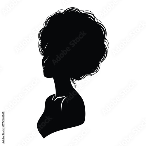 Elegant black silhouette of a woman with voluminous afro hair, exuding confidence and natural beauty in profile view.