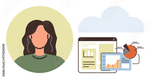 Woman icon beside data dashboard with charts, graphs, and cloud graphics. Ideal for analytics, cloud computing, statistics, teamwork, research digital tools and innovation. Simple flat metaphor
