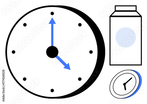 Clock with blue arrows, milk carton, and a smaller clock symbolizing time, routine, and nutrition. Ideal for scheduling, nutrition, morning habits, productivity healthy lifestyle punctuality
