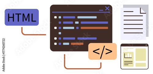 HTML block, code editor highlighting snippets, document outlines, and webpage preview. Ideal for web design, coding, programming, education, software development UIUX simple flat metaphor