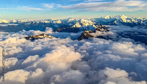 Aerial view shows majestic mountain peaks emerging from a cloud sea