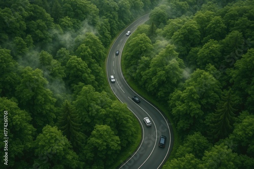 Aerial view of cars driving on a winding road through a misty green forest