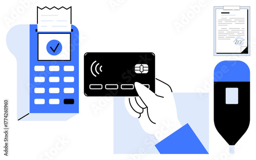 Contactless card tapping on POS terminal with receipt and signed document. Ideal for payment, finance, e-commerce, technology, verification, security, retail. Simple flat metaphor