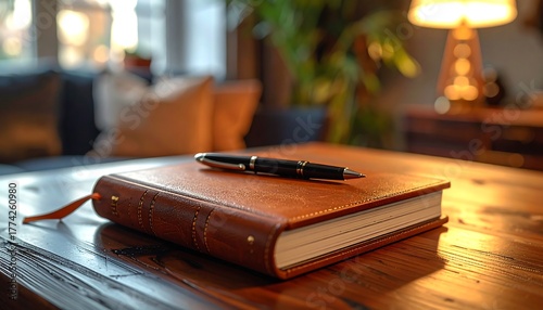 An elegant pen rests on a leather-bound journal atop a wooden table