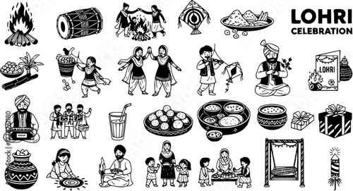 Lohri Celebration Black and White Doodle Icon Set. Hand-drawn traditional Punjabi winter harvest festival elements including bonfire, dancing, food, kites, and family gatherings.