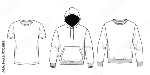 Collection of three blank white t-shirts, hoodies, and sweatshirts for apparel design mockup
