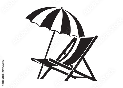 Beach chair and umbrella in black and white