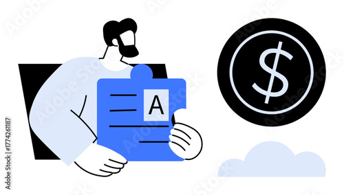 Man holding a puzzle piece with text next to a dollar sign in a circular icon and cloud. Ideal for finance, business goals, strategy, problem-solving, investment, planning, teamwork. Simple flat