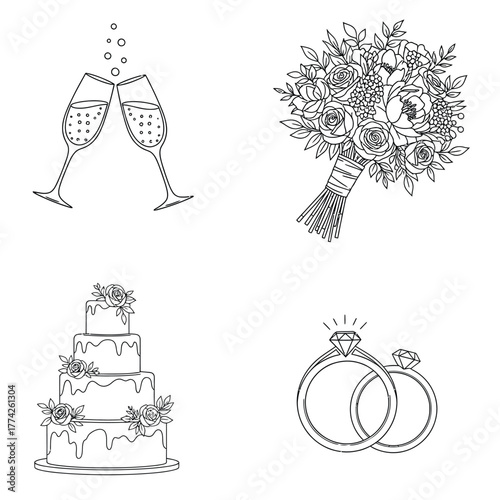 Elegant wedding line art icons — rings, bouquet, champagne glasses, wedding cake — romantic celebration vector illustration set