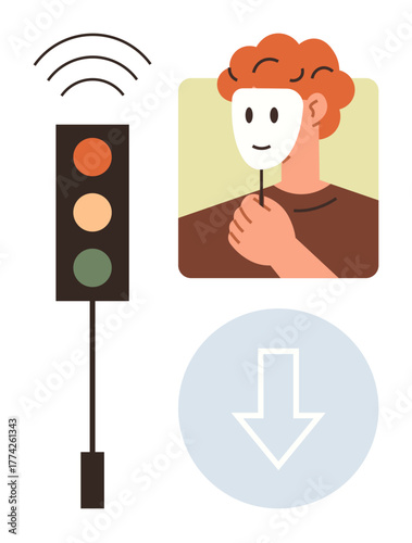 Individual holding a mask, traffic light with signals, and download icon signifying identity, choices, and decision-making. Ideal for psychology, communication, honesty, dilemmas ethics