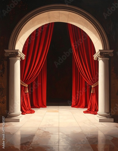 An archway frames red curtains, white columns, and a tiled floor