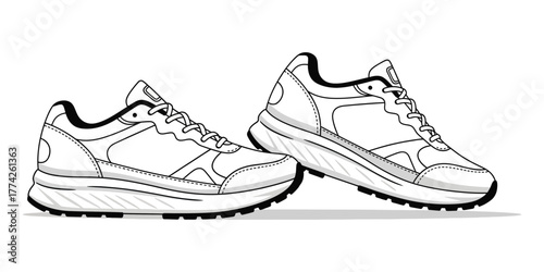 Outline drawing of a pair of modern athletic running shoes, perfect for jogging, fitness activities, and an active lifestyle concept