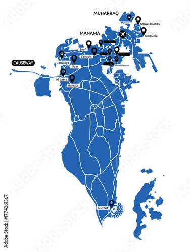 blue color bahrain map vector illustration