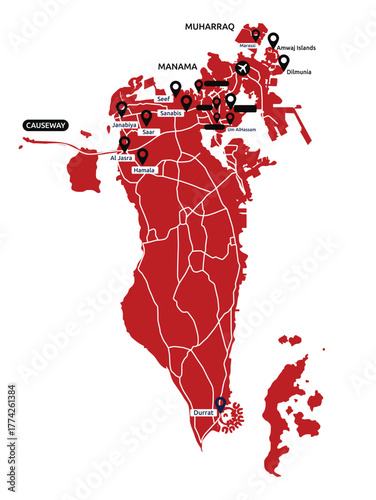 red color bahrain map high quality vector illustration