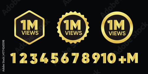 1 Million Views Achievement Badge Collection and Golden Number Set, Vector Graphic Icons for Social Media Milestone, Hexagon Circle Award Labels on Black