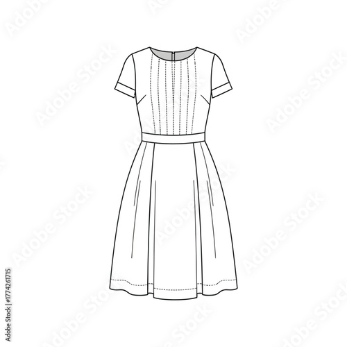 A classic short-sleeved pleated dress with a cinched waist and a full skirt, depicted in a clean line drawing