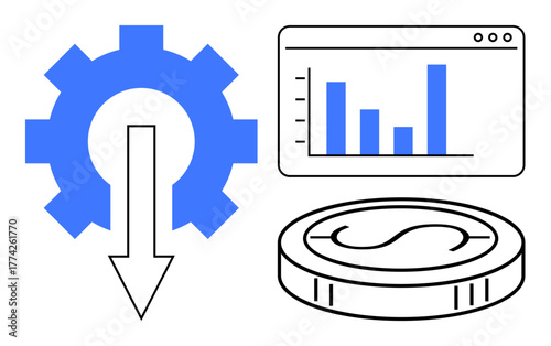 Gear with downward arrow, bar graph in web interface, and dollar coin represent cost analysis, business strategy, efficiency, investment, productivity, economy, and profitability as simple flat