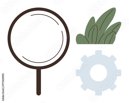 Magnifying glass with a gear and leaves highlights research, problem-solving, ecology, engineering, and innovation. Ideal for discovery, process improvement, sustainability, science green
