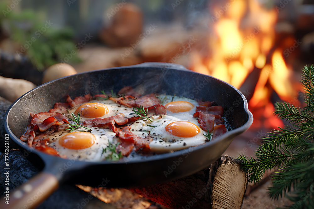 Fototapeta premium Cooking Breakfast With Eggs and Bacon Over an Open Campfire in a Forest Setting