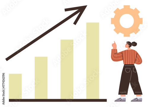 Woman observing an upward growth bar chart and gear symbol, representing progress, growth, and strategy. Ideal for business, analytics, development, productivity, teamwork problem-solving