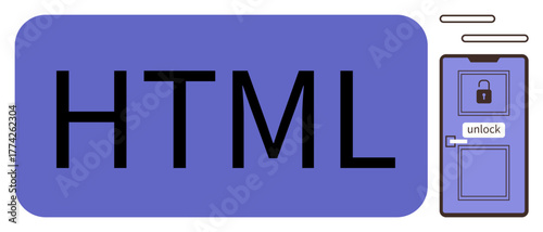HTML text in bold near a door with a padlock and unlock symbol. Ideal for coding, web design, learning, web development, accessibility, online security, creative digital solutions. A simple flat