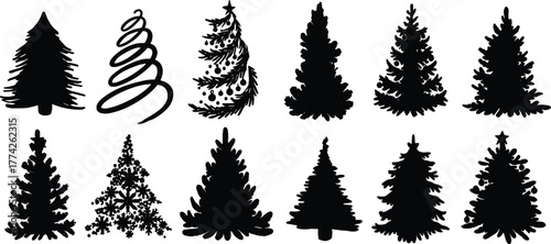 Christmas tree silhouette collection with ornaments and stars, festive black vector set of stylized holiday trees for seasonal decoration, clipart, and graphic design