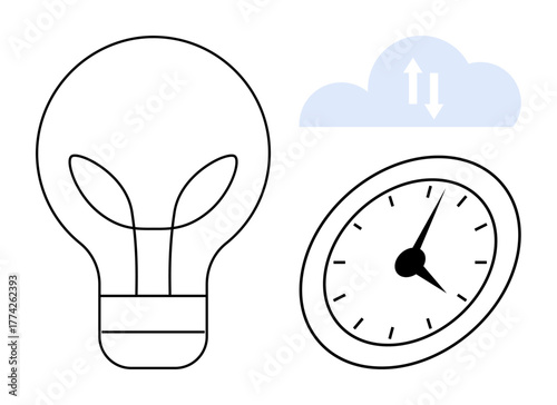 Lightbulb represents ideas, clock symbolizes time management, and cloud signifies data exchange. Ideal for technology, creativity, productivity, efficiency, brainstorming, cloud computing strategy