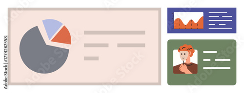 Pie chart, bar graph, and user profile interface highlight data visualization and analysis. Ideal for business reports, analytics, presentations, statistics, teamwork education and planning. Modern