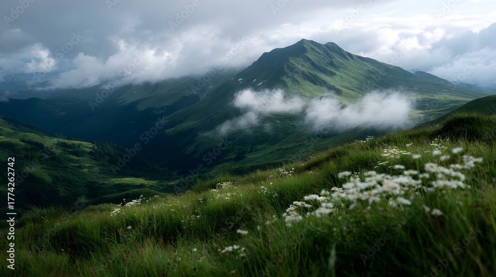 Fototapeta premium A serene mountain summit bathed in soft light with lush green meadows and scattered white flowers under dramatic clouds