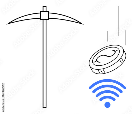 Pickaxe beside a falling coin and wireless network symbol, showcasing digital mining or blockchain process. Ideal for cryptocurrency, blockchain, digital economy, innovation, fintech, cryptography