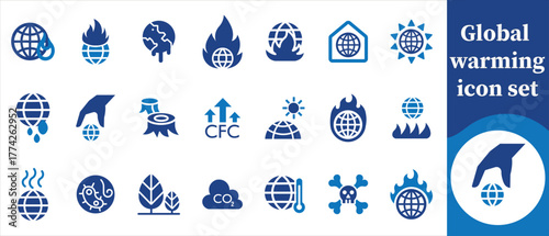 Global warming icons, global warming, climate change, earth temperature, rising heat, global temperature, melting ice, polar bears, carbon emissions, greenhouse gases and more