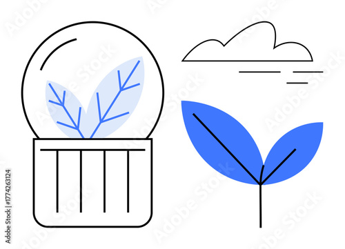Glass dome with leaf design and cloud above minimalistic leaf illustration. Ideal for eco-consciousness, growth, renewable resources, ecology, organic living, environmental awareness, clean energy
