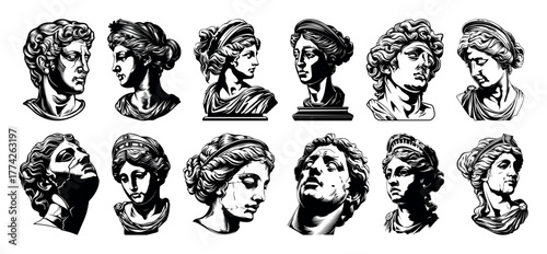 Set of silhouettes of heads of Greek gods and goddesses. Ancient statues. Greek antique sculptures, marble head. Vector for printing on T-shirts, posters, postcards, tattoos, covers, clothes, logo