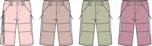 Colorful flat fashion illustrations depicting women's capri cargo pants, showcasing design concepts for versatile casual apparel