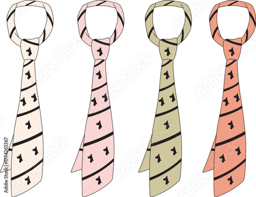 A collection of four men's neckties in various pastel colors, each featuring a repeating number one pattern. An assortment of formal wear accessories
