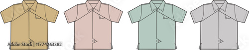 Four short-sleeved collared shirts displayed in a row, each in a different pastel color and showing front view