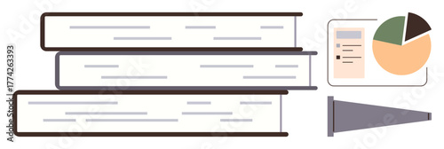Stacked books, paper, funnel, and pie chart symbolizing research, education, data analysis, and workflow process. Ideal for business, strategy learning planning data sorting reporting simple