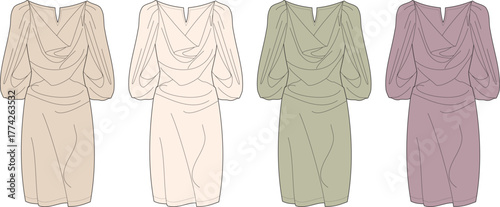 Collection of stylish short dresses featuring a cowl neck and puffed sleeves, presented in diverse color palettes ideal for contemporary fashion and elegant attire