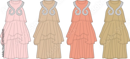 Elegant Dresses with Tiered Skirts and Ornate Bodices in Pastel and Earth Tone Colors